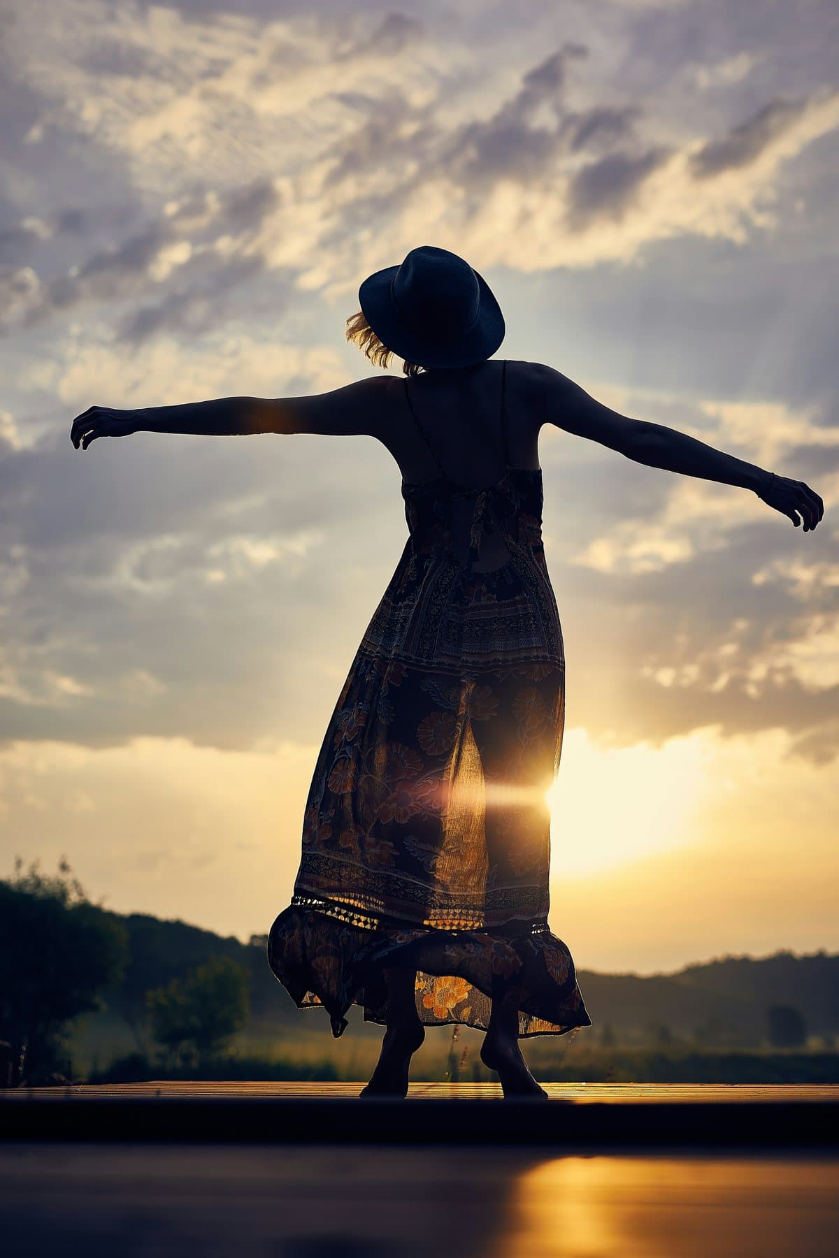 A dancer in a wide-brimmed hat, arms outstretched, silhouetted against a sunset