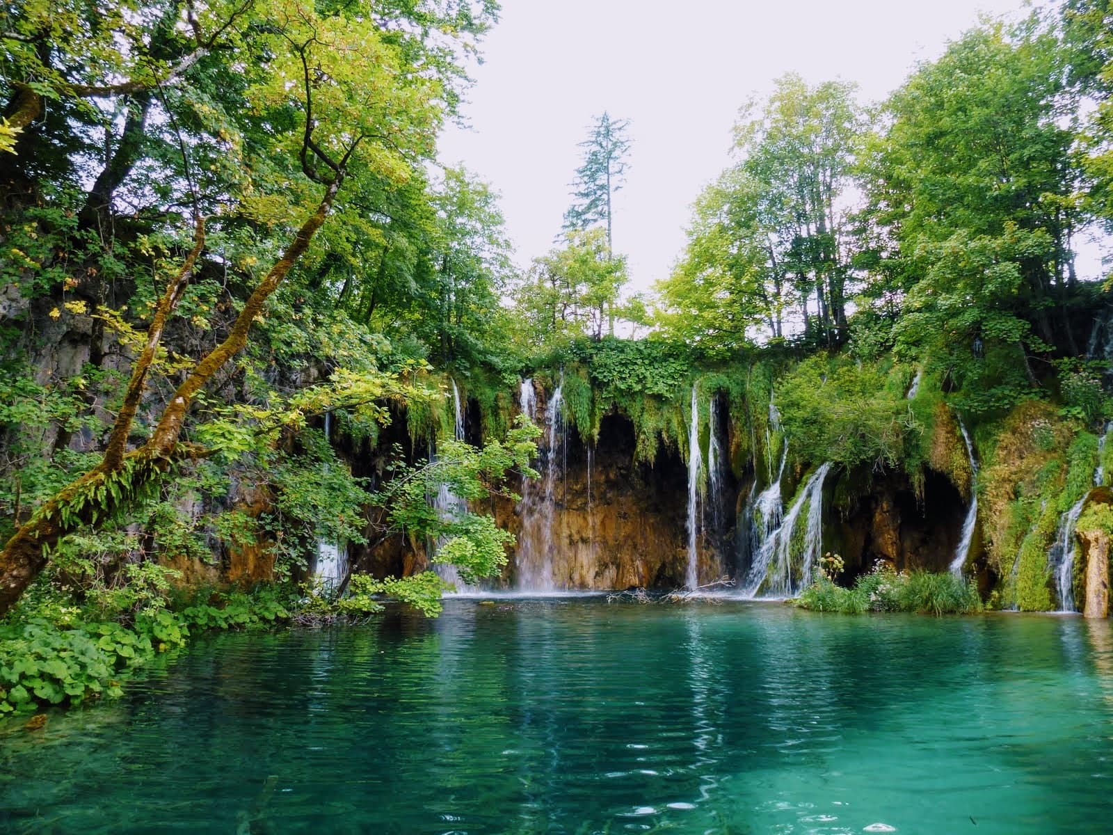 Small waterfalls spilling over a mossy ledge into a clear turquoise pool, framed by green trees